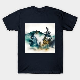 Misty Green Mountains and Trees Watercolor T-Shirt